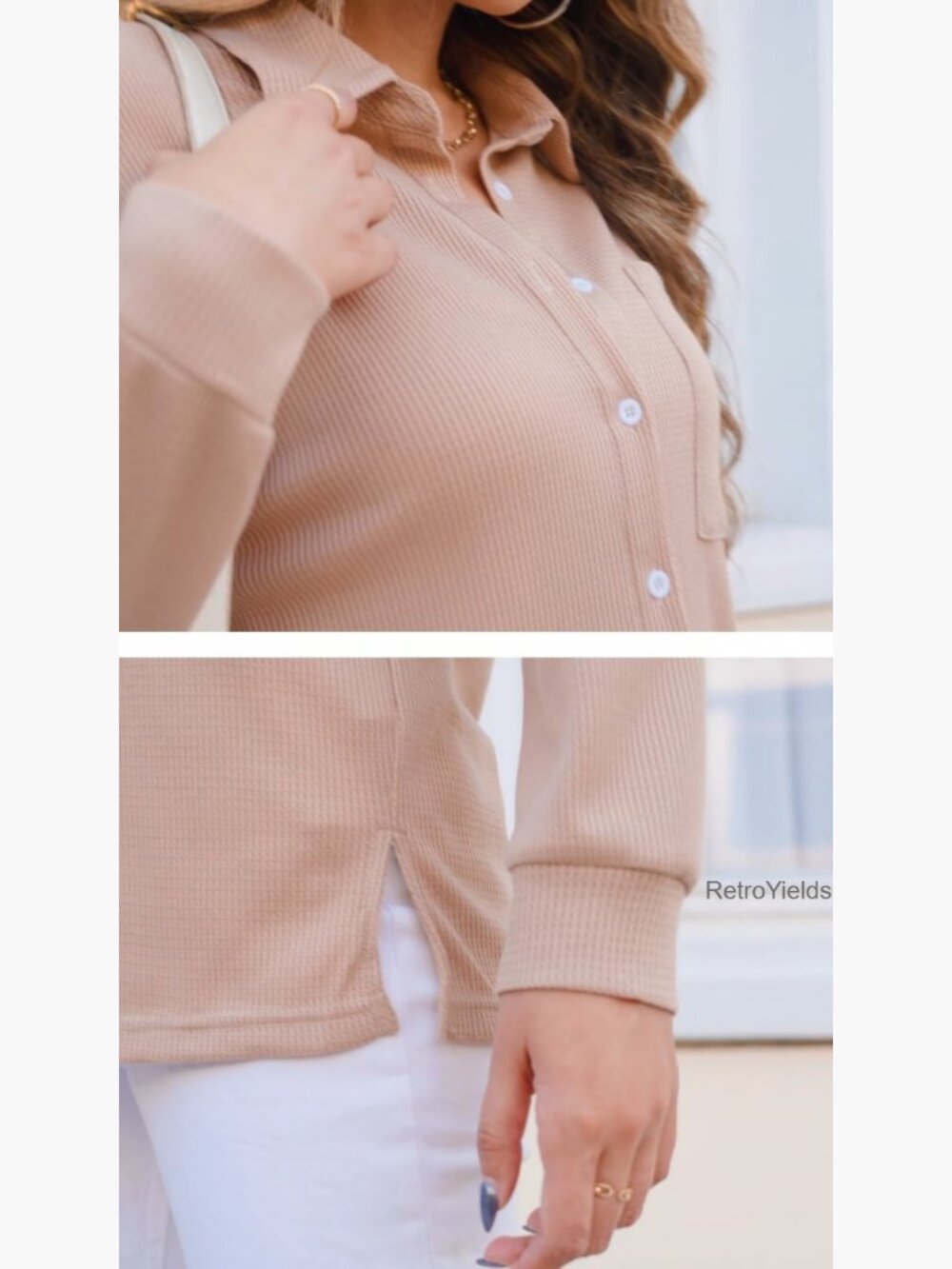 Waffle Knit Button Down Shirt Long Sleeve V Neck Blouse Loose Fit Work Top - Picture 7 of 7